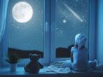 Schlaflieder: Kind mit Teddy schaut zum Mond